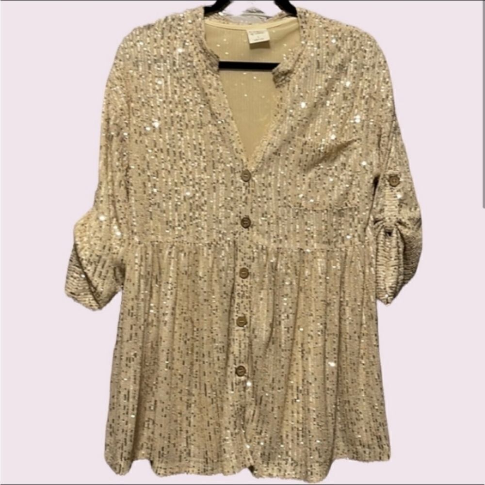 NWOT By Together Sequin Mini Dress Tunic Size Small Gold Cream Holiday Boho